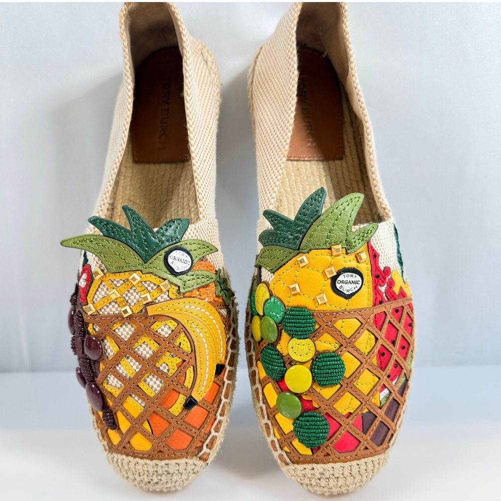Tory Burch Fruit Espadrille Shoes 7.5* Tan Multi Leather Applique Beaded 82821